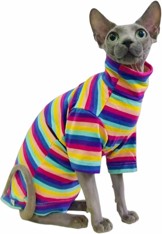 Vintage Stripes Sphynx Hairless Cats Shirt Cotton Cat Turtleneck Pet Clothes Kitten T-Shirts with Sleeves for Sphynx Cornish Rex, Devon Rex, Peterbald (Rainbow Stripe, X-Large (Pack of 1))