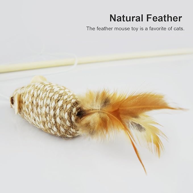 TTcat Wood Cat Wand Toy with Feather Mouse, Interactive Cat Toy for Indoor Cats Kitten to Play Chase Exercise