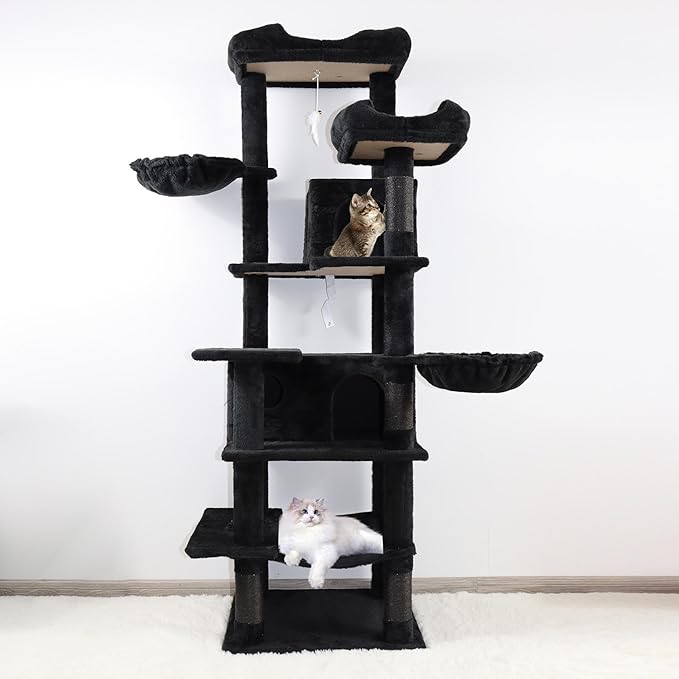 68" Black Cute Cat Tree for Indoor Cats Large Adult, Tall Cat Tower with Scratching Post & Condo, Hammock, Aesthetic Cats Stand, Modern, Easy Assembly (Black, 68" Tall)