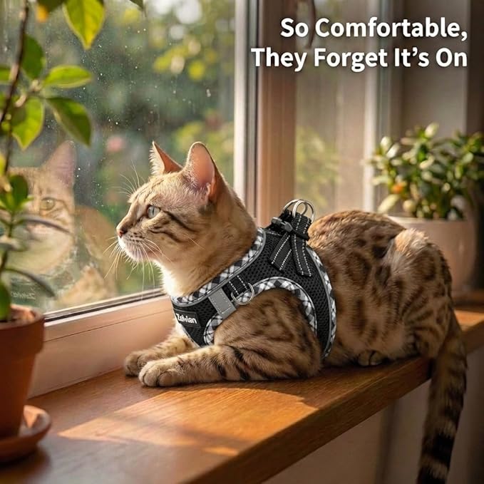 Cat Harness and Leash Set for Walking, Escape Proof Adjustable Soft Mesh Kitten Harness with Reflective Strips, Breathable No-Choke Pet Vest for Large Cats or Small Dogs(Black,L)
