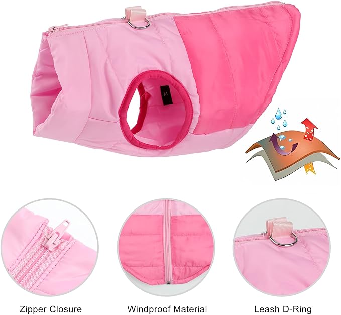 Winter Dog Coat with Leash Ring, Warm Jackets Puppy Cold Weather Coats Pet Clothes Cat Outfits for Small Dogs (Pink+Rosered, Small)