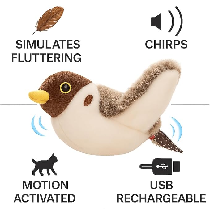 Flying Bird Cat Toy (Not a Flying Toy) – Flappy Bird Cat Toy with Flapping Wings & Chirping Sound, USB Rechargeable Motion-Activated Toy for Indoor Cats