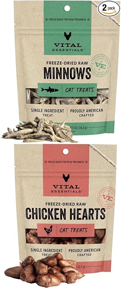 Vital Essentials Freeze Dried Minnows (0.5 oz) & Chicken Hearts Cat Treats (0.8 oz) Bundle