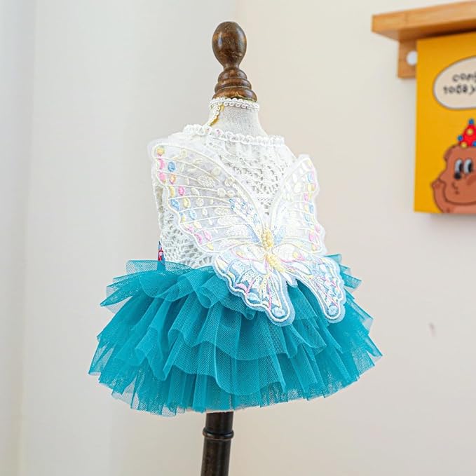 Fairy Dog Dress for Small Dogs & Cats, Lake Blue Princess Outfit with Embroidered Butterfly Wings, Lace Top & Soft Tulle Skirt, Snap Closure (M)