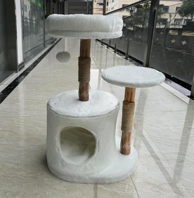 YOCAN Small Cat Tree for Indoor Cats, 2-Tier Modern Cat Tower with Natural Wood Posts, Plush Bed, Scratching Post & Hanging Ball Toy, Stylish Space-Saving Cat Climbing Tree for Kittens
