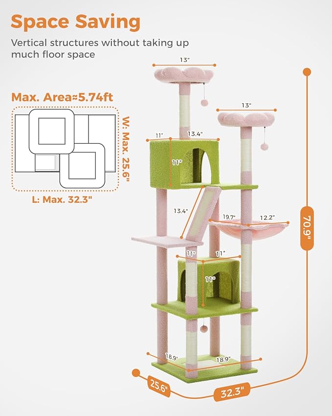 MUTTROS Flower Cat Tree, 70.9-inch Tall Cat Tower in Blossom Pink with 2 Condos & Large Hammock, Whimsical Cat Activity Center with Pom Poms for Indoor Cats