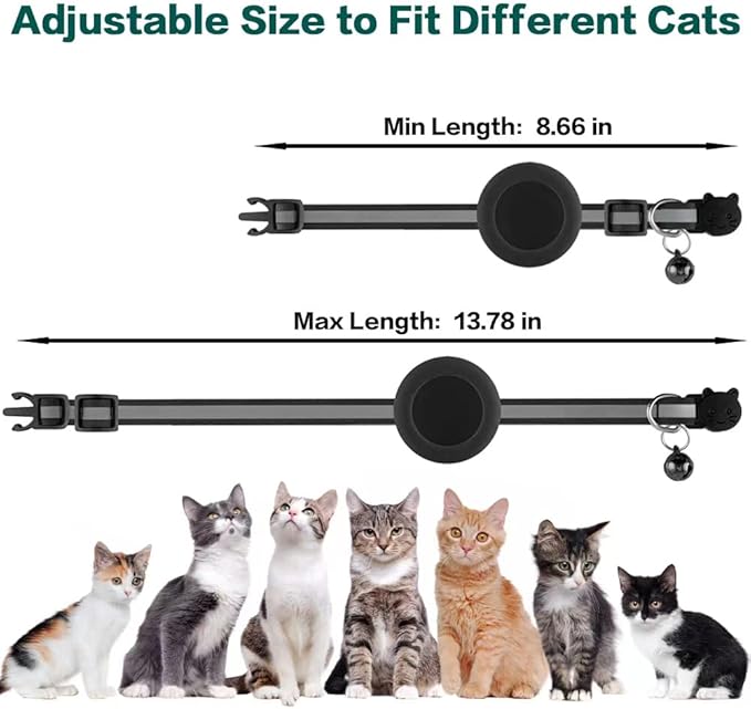 Airtag Cat Collar Breakaway, Reflective Kitten Collar with Apple Air Tag Holder and Bell for Girl Boy Cats, 0.4 Inches in Width and Lightweight(Black)