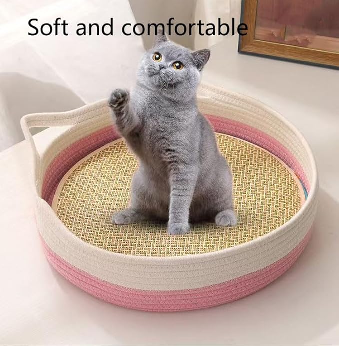 16.5IN Cat Basket, Cotton Rope Weaving Pet Nest, Wicker Woven Cat Bed, Hand Woven Cotton Rope Cats Bed, for Indoor Small & Large Pet,Pink