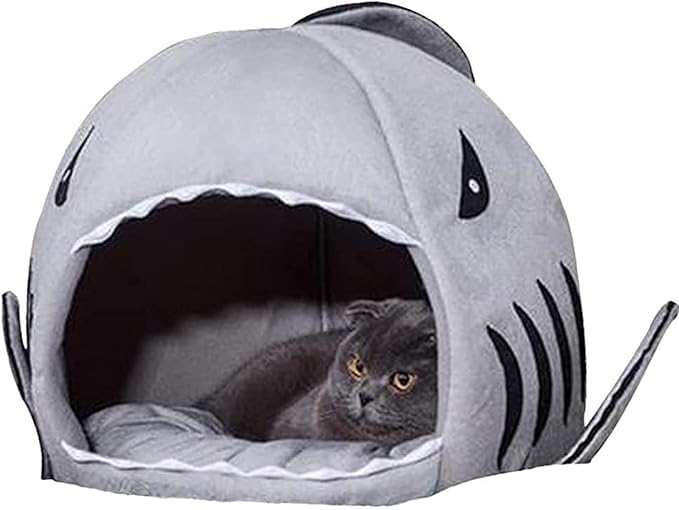 Cat Litter Hot Cat Mat Shark-Shaped House Warm Kennel Kitten Bed One Mat Two Usage Shark Bed for Small Cats Dog Cave Cozy Bed Removable (Light Grey)