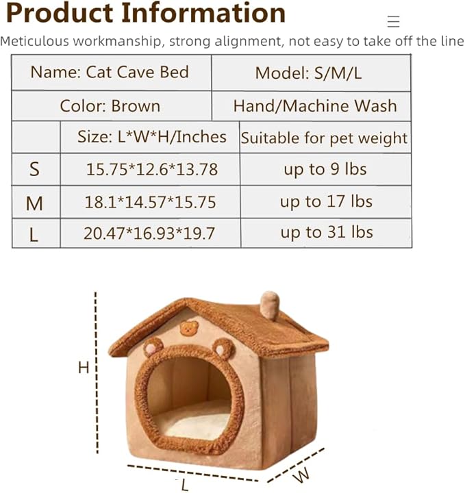 Cat Bed for Indoor Cats, Cozy Cave Bed Cat House Cats Tent with Removable Cushion Pillow, Soft Warm Pet House, Cute Bear Pet Nest for Kitten Small Dogs (Brown, M-18.1x14.57x15.75 Inches)