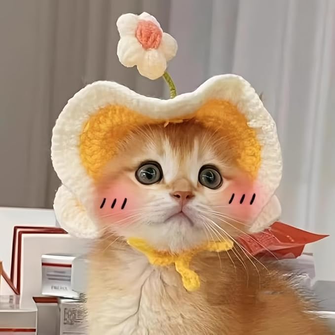 2Pcs Cute Knit Cat Hat,Handmade Crochet Dog Hat Halloween Christmas Party Costume Headwear for Pet Puppies (Frog and Flower)