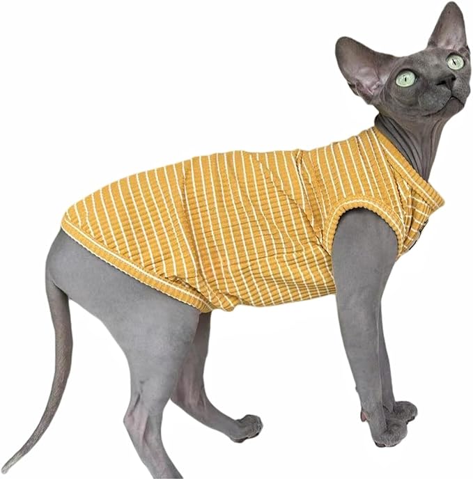 Sphynx Cat Clothes Vest for Hairless Cat, Rib Knit Stripe Cats T-Shirt Apparel, Kitten Summer Cotton Shirts Sleeveless for Cornish Rex, Devon Rex, Peterbald (Ginger, XL (10-14 lbs))
