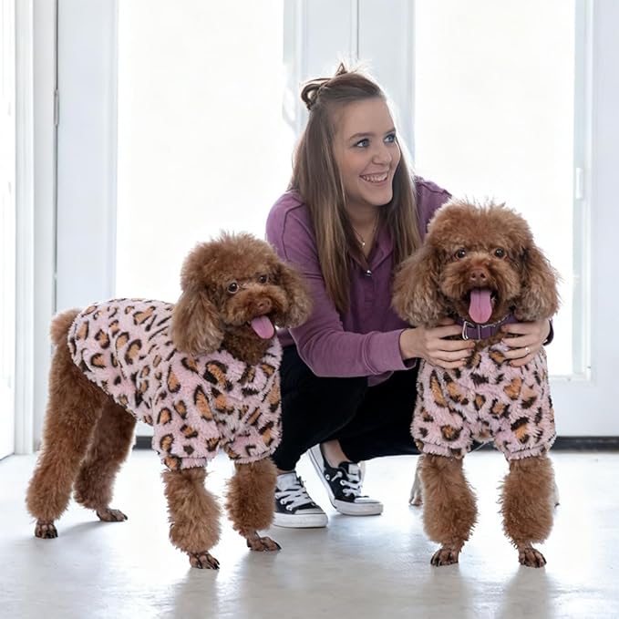 Leopard Print Dog Sweater – Stretchy Fleece Dog Turtleneck Sweatshirt for Puppies & Cats, Soft & Warm Pet Winter Clothes for Small, Medium & Large Dogs (Pink, Large)