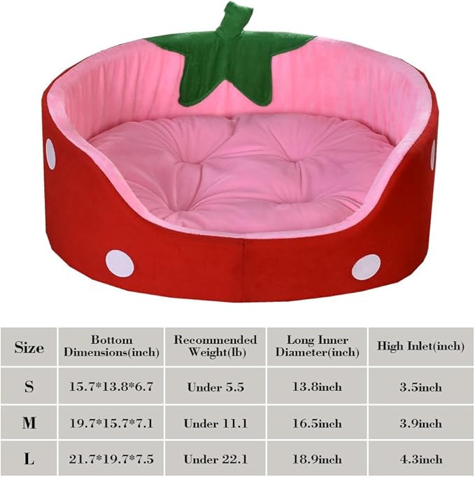 Strawberry Cat Bed, Cute Fluffy Pet Bed for Indoor Small Dogs, Pink Aesthetic Fancy Cat Sofa Couch with Removable Washable Cushion, Cozy Winter Puppy Bed for Teddy Poodle (S)