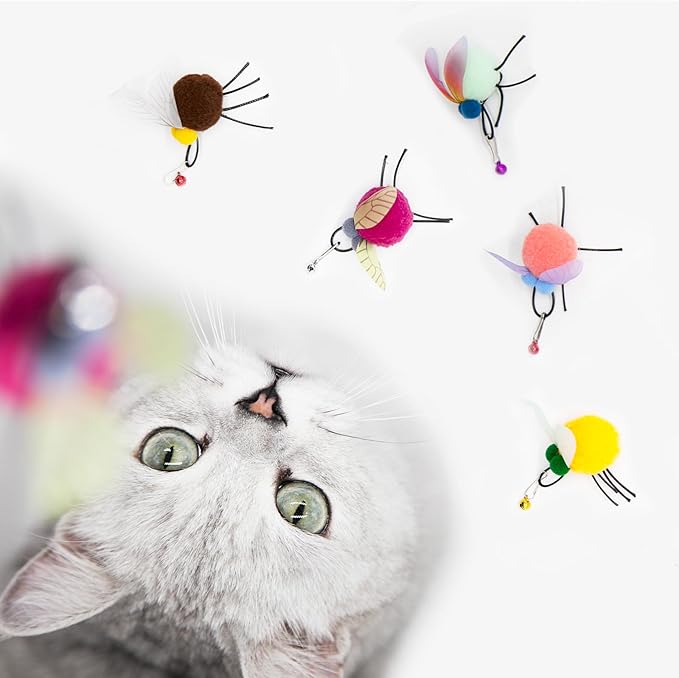 Cat Wand Attachment Toys, 5 PCS Fly Bugs Refills with Bells for Cat Teaser, Chase and Exercise Toys for Indoor Cats and Kittens Enrichment (No Wand Toy)