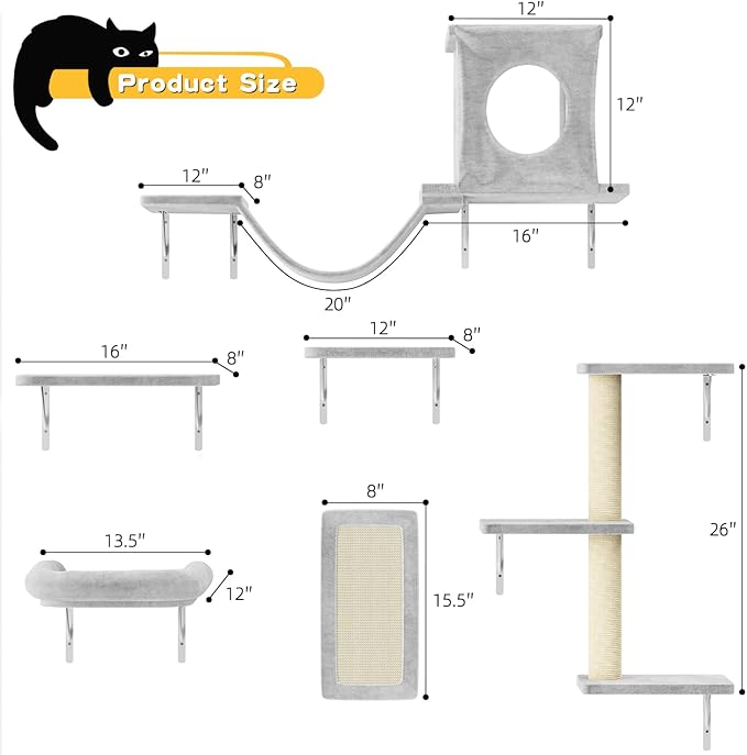 NUNU LAB Cat Wall Shelves, 6 Pcs Luxury Wall-Mounted Cat Climber Set, Indoor Cat Furniture with 1 Condos House, 2 Cat Wall Shelves, 1 Scratching, 1 Bridge Ladder, 1 Scratching Pad, Silver Grey