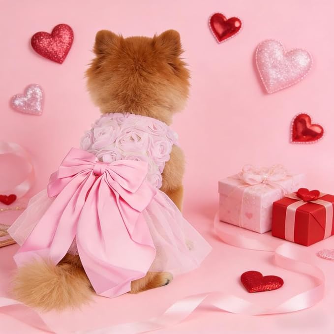 Valentine's Day Dog Dress Rose Tulle Tutu Skirt with Pink Bowknot for Small Dog Cat Valentine's Day Wedding Birthday Party Outfit