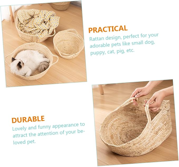 ABOOFAN Rattan Woven Cat Bed Cooling Pet Nest Medium Size for Cats to 8 Lbs Semi-Enclosed Breathable Summer Supply Indoor Pet Furniture