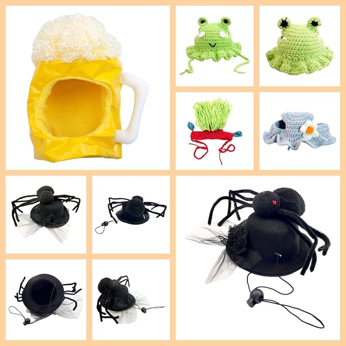 5 Pieces Cat Hat Adorable Cat Costume Outfit Bunny Hat with Ears Funny Mane Hat for Cats and Small Dogs Kitten Puppy Party Costume Accessory Headwear (Spider-Beer-Flower-Punk-Frog)