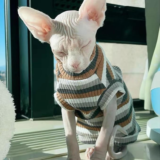 Sphynx Cat Shirt, Breathable Stretchy Cat Summer Vest, Lightweight Brown Striped Sleeveless Shirt for Hairless Cats, Soft & Comfortable Stretchy Vest for Cats and Small Dogs (Large(5-7lbs))
