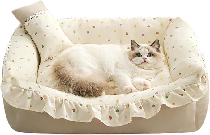 Jiupety Cat Bed for Indoor Cats Dog Beds for Small Dogs Removable Washable Small Dog Beds Pet Beds with Slip-Resistant Bottom Ruffled Puppy Beds with Pillow,Beige 24"x20"