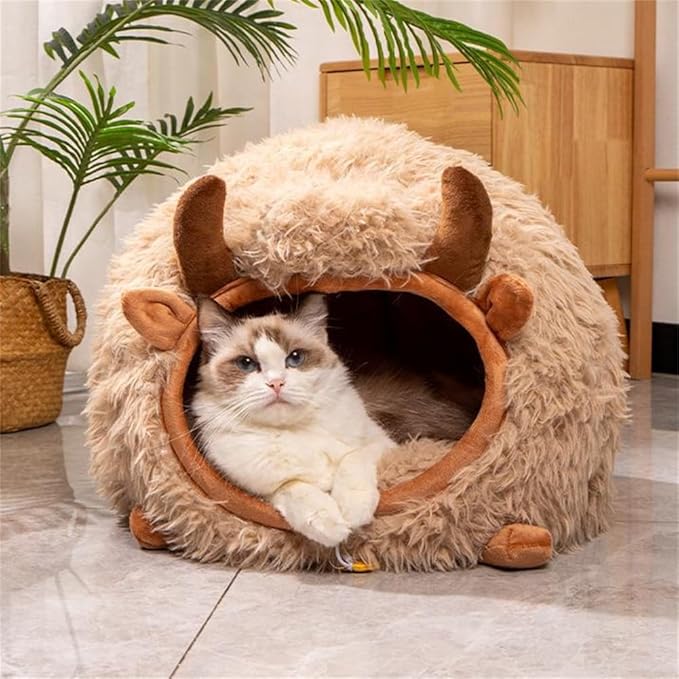 LYFJMUS Mushroom Cat Bed Chocolate Cookie Cat Beds for Indoor Cats Mushroom Cow Shape Cat Cave Bed Cat Tent with Removable & Washable Cushion Pillow Cat House Bed for Cats Small Dogs (Brown Cow)