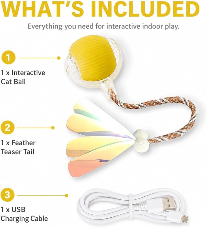 Interactive Cat Toy Ball with LED Lights – USB-C Rechargeable Automatic Cat Toy with Feather Tail for Indoor Cats & Kittens, Upgraded Version