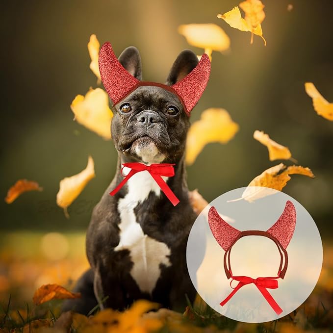 2Pcs Halloween Devil Horns Headband for Dogs Cats Cute Pet Costume Red Black Demon Horn Hat Cosplay Dress Up Hair Hoop Accessories for Kitten Puppy Halloween Holiday Party Supplies (S)