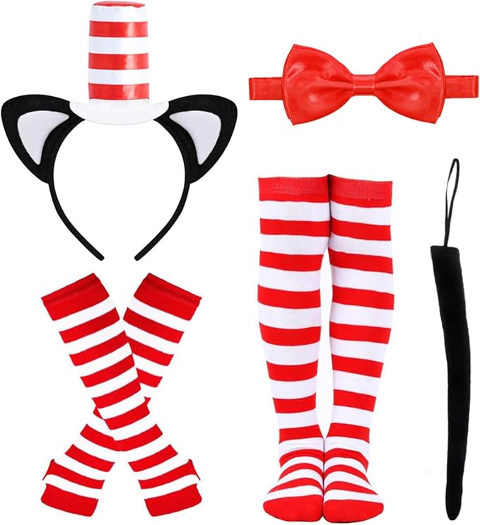 Kavoc 5 Pcs Cat Costume Accessories Set with Red And White Hat Headwear, Bowtie, Socks, Gloves and Tail for World Book Day