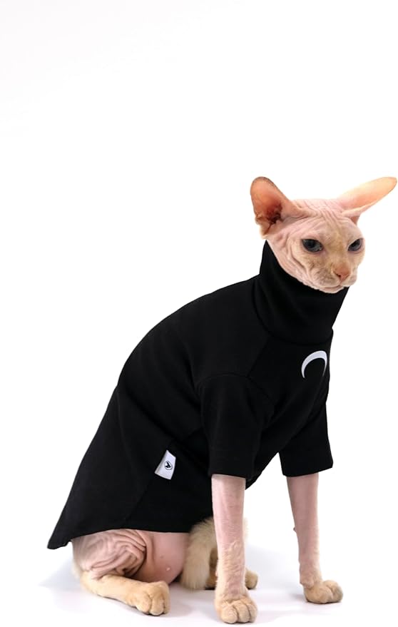Sphynx Cat Clothes, Moon Print Turtleneck Cotton T-Shirt for Devon Rex Sphynx Cats (Black Long Sleeve, X-Large)