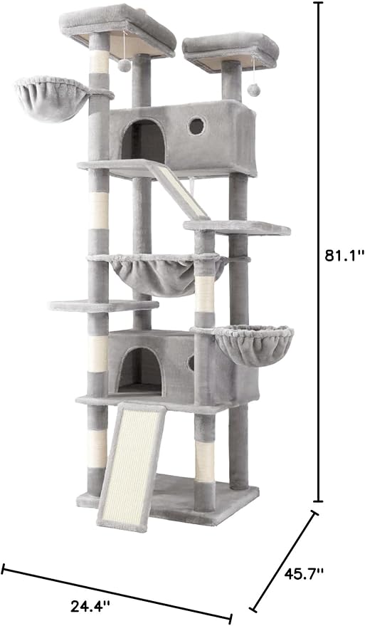 SHA CERLIN 81in Multi-Level Tall Cat Tree Tower for Indoor Kitties/Larger Cat Condo Furniture with Hammock/Cozy Pussycat Perches/Sisal Scratching Posts/Pet House/Wide Base/Grey