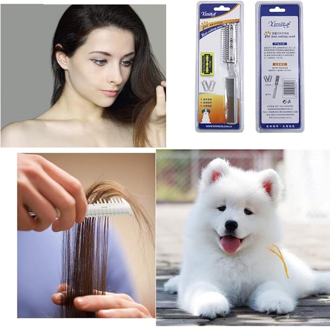 2Pcs Razor Comb for Dogs Cats with Extra Blades Double Sides Pet Razor Comb Trimming & Grooming Hair Cutter Comb Trimmer Grooming Comb for Dog Cat (Silver)