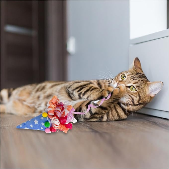 Andiker Catnip Toys for Cats, Cat Interactive Toy with Colorful Ribbon to Bat Chase Roll and Carry, 6.7Inches Cat Teaser Firework Cone Shape Toy for Indoor Cats for Playing & Chewing (Blue)