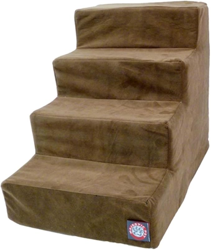Majestic Pet 4 Step Suede Portable Dog Stairs for Small Dogs to get on Bed Supports 25 lbs or Less – Dog Steps for High Bed with Machine Washable Cover – Pet Stairs for Cats Chocolate Brown