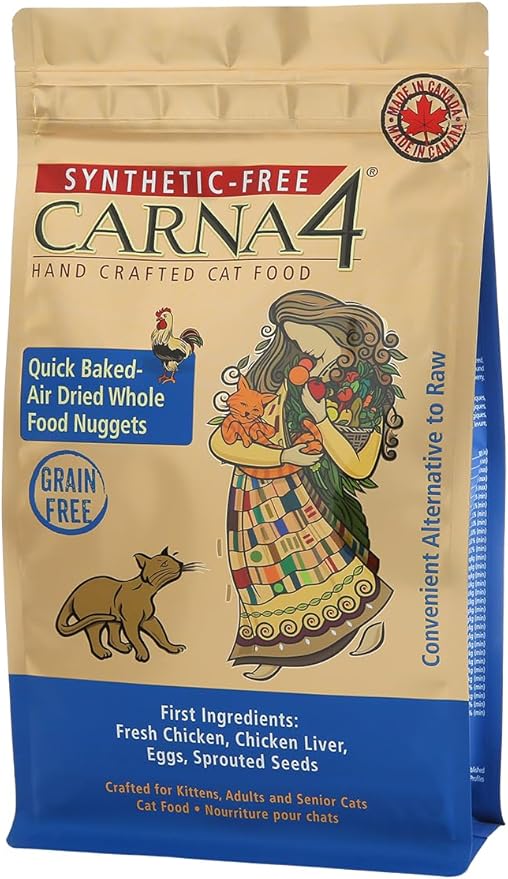 CARNA4 Air Dried Cat Food, Chicken Recipe, Quick Baked Whole Food Nutrition with Sprouted Seeds, Natural Probiotics & Enzymes, No Synthetics - 2lbs