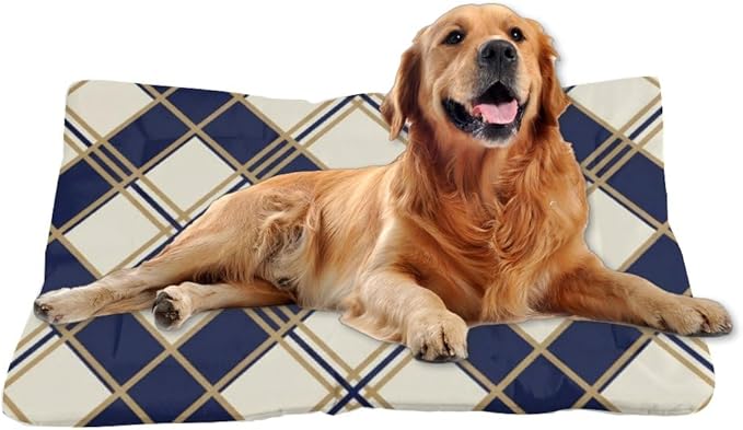 Beige Blue Plaid Dog Bed Crate Pad Non Slip Bottom Non Slip Plush Dog Bed Cozy Soft Beds for Car Pet Friendly Furniture Printed Cat Beds Gift Tough 24× 18 Inch Indoor Outdoor