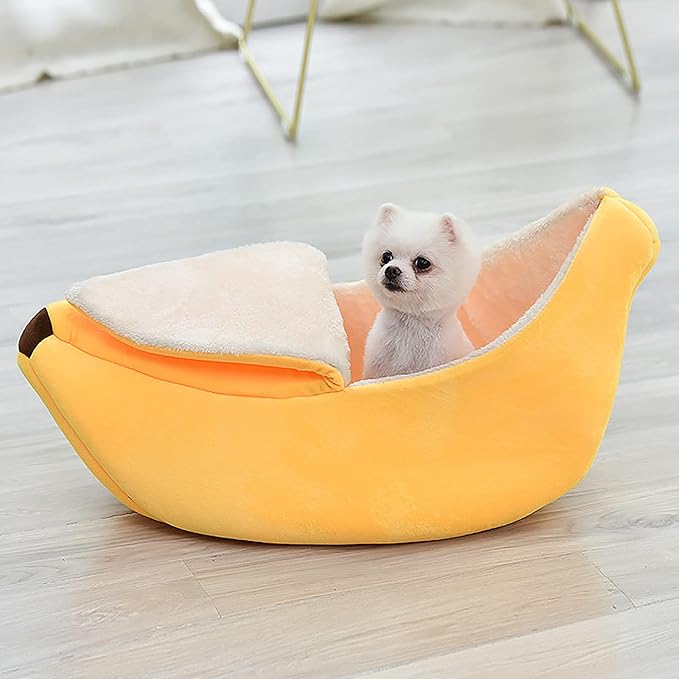 DULRLLY Banana Cat Bed,Creative Banana Shape Cat Bed for Indoor Cats Cute Cat Bed with Removable Pad Soft Plush Self Warming Cat Sleeping Bed for Winter Dogs and Cats Warm House Bed(S)