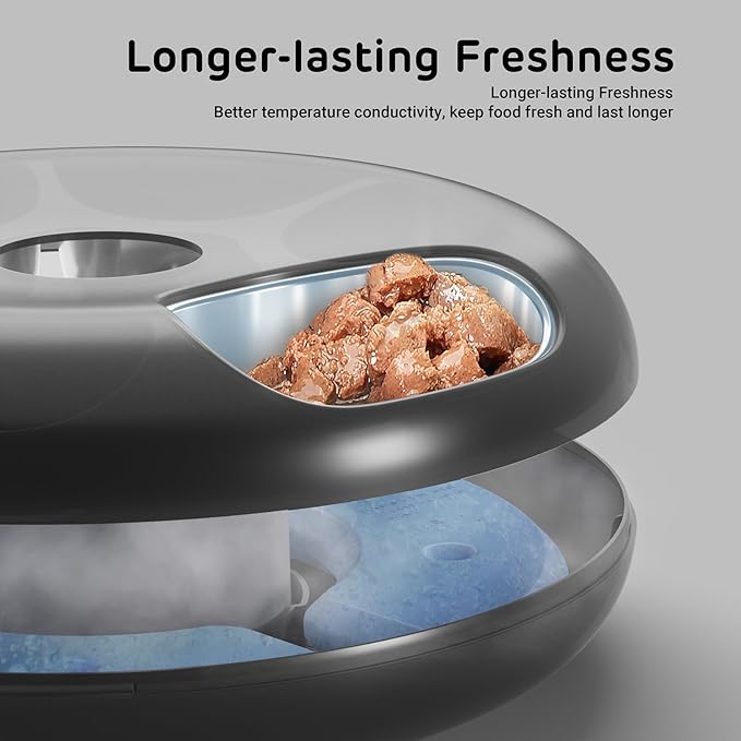 iPettie Donut Frost WiFi 6 Meal Automatic Wet Food Feeder with Ice Packs for Senior and Weak Pets, App Control Programmable Timer, Holds 6 x ½ lb. of Food, Black, Stainless Steel and PlasticTray