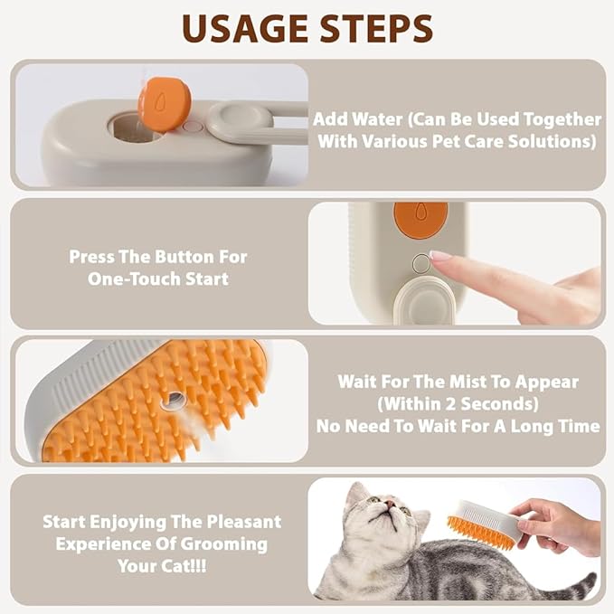 4 in 1 Cat Steam Brush, Pet Hair Cleaning Comb for Shedding & Grooming, Water Sprayer for Long & Short Haired Pets, Silicone Massage Brush for Cat & Dog, Tangled & Hair Loss Remover