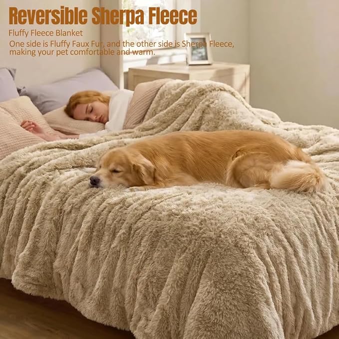 Fluffy Pets Blankets for Medium Dogs Cats Calming Blanket for Couch Covers Waterproof Long Faux Fur Cover on Bed Leakproof Sofa Protective Covers(Cream,M-57x40in)