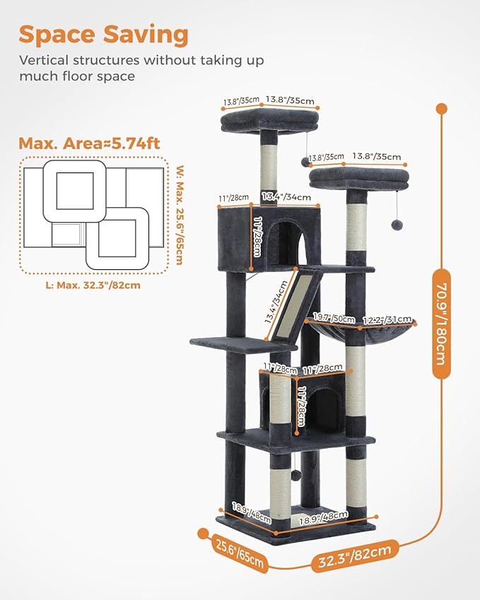 MUTTROS Cat Tree, 70.9-inch Large Cat Tower with 2 Condos, 2 Top Perches, Hammock & 6 Scratching Posts for Indoor Cats, Dark Gray