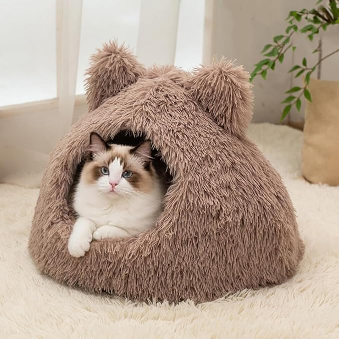Cute Cat Bed, Plush Cat Cave Bed for Indoor Cats, Self-Warming Cave with Washable Cushion & Anti-Slip Bottom, Cozy Soft Pet Cats House for Kittens Small Dogs (Brown, 18.8 ×18.8 in)