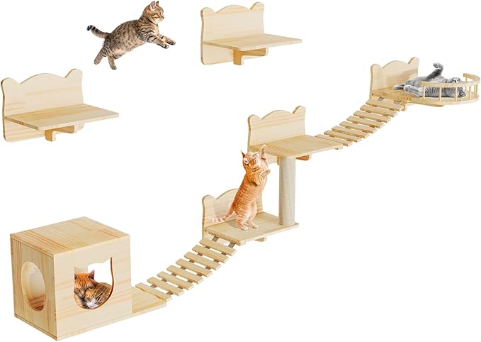 Cat Wall Shelves, Cat Shelves and Perches for Wall, Set of 9 Wooden Cats Shelf Furniture with Scratching Post, House, Condo, Bridge Ladder for Multiple Cats