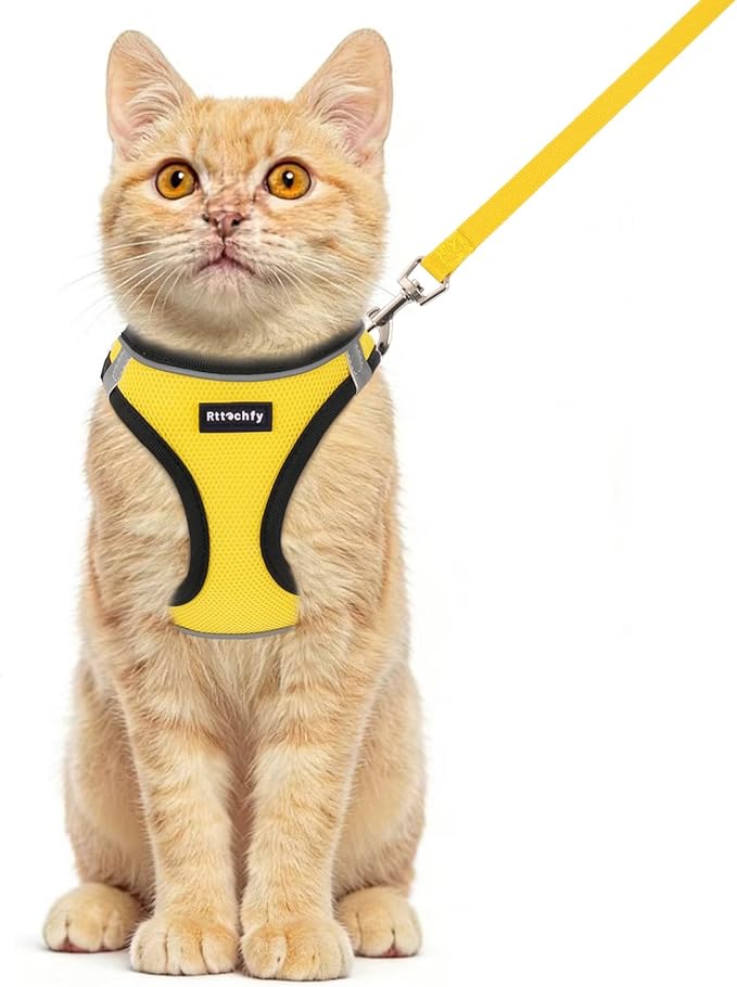 Rttochfy Cat Harness and Leash Set, Escape Proof Kitten Harness, Soft and Breathable Vest with Reflective Strip, Easy to Wear for Cats Walking and Traveling (BK Yellow, XXS)