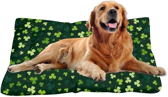 St Patricks Green Shamrock Dog Bed Non Slip Bottom Waterproof Dog Crate Mat Cozy Soft Mat for Sofa Pet Cosy Home Printed Bed Pads Gift Tough 24× 18 Inch Indoor Outdoor