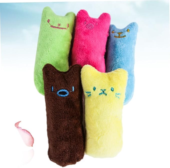 5Pcs Cat Chew Pillow with Catnip Soft Cotton Plush Pet Supplies Cartoon Design in Bright Colors Interactive Lifelike Kitten Teething for Indoor Cats Random Color