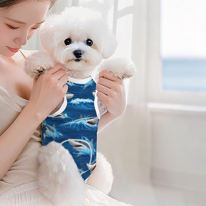 Dog Recovery Suit, After Surgery Wear for Pets Male Female Ocean Sea Shark Dog Onesie