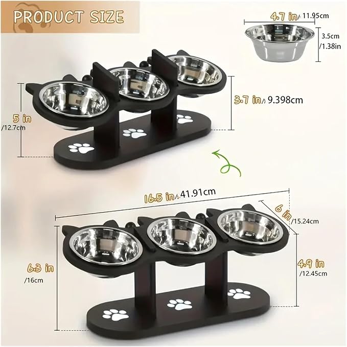 Cat Food Bowl with Wooden Support Frame & Stainless Steel Adjustable,15° Angle