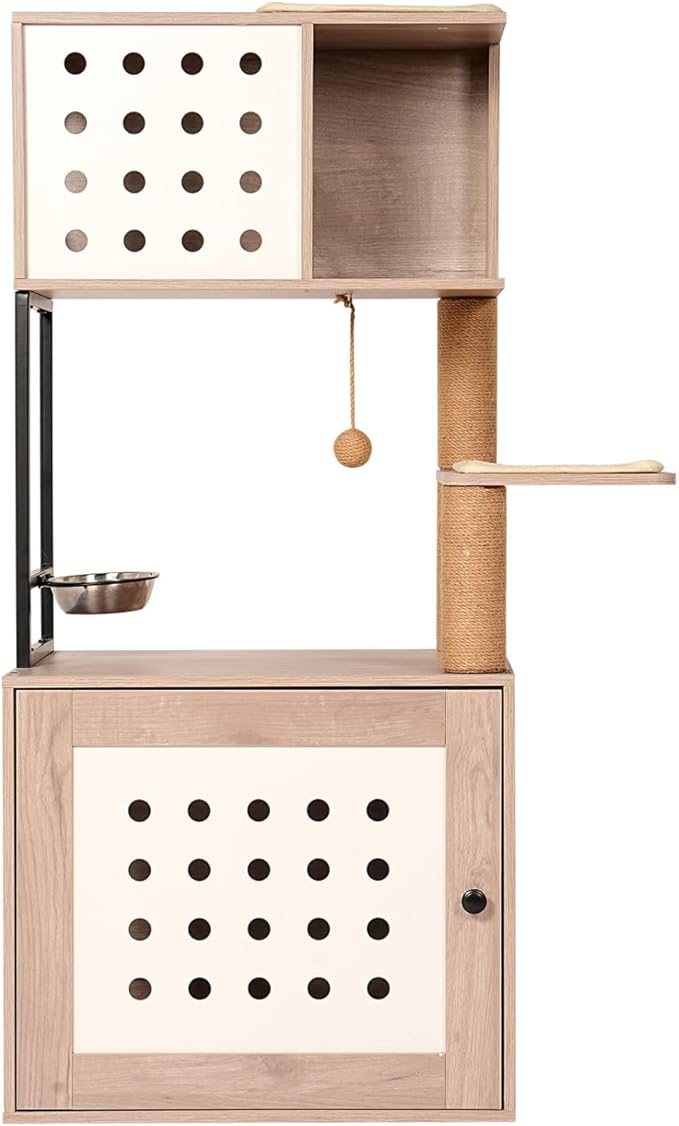 Cat Tree with Litter Box Enclosure, Cat Tower for Indoor Cats with Large Hammock, Bed, Food Station, Scratching Posts, Modern Style Pet Furniture, Gray+White