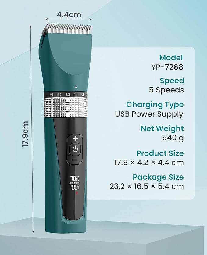 oneisall Cat Clippers for Matted Hair, 5-Speed Quiet Cat Grooming kit, Cordless Pet Shaver for Long Hair,Waterproof Pet Trimmer, Pet Clippers for Cats(Green)